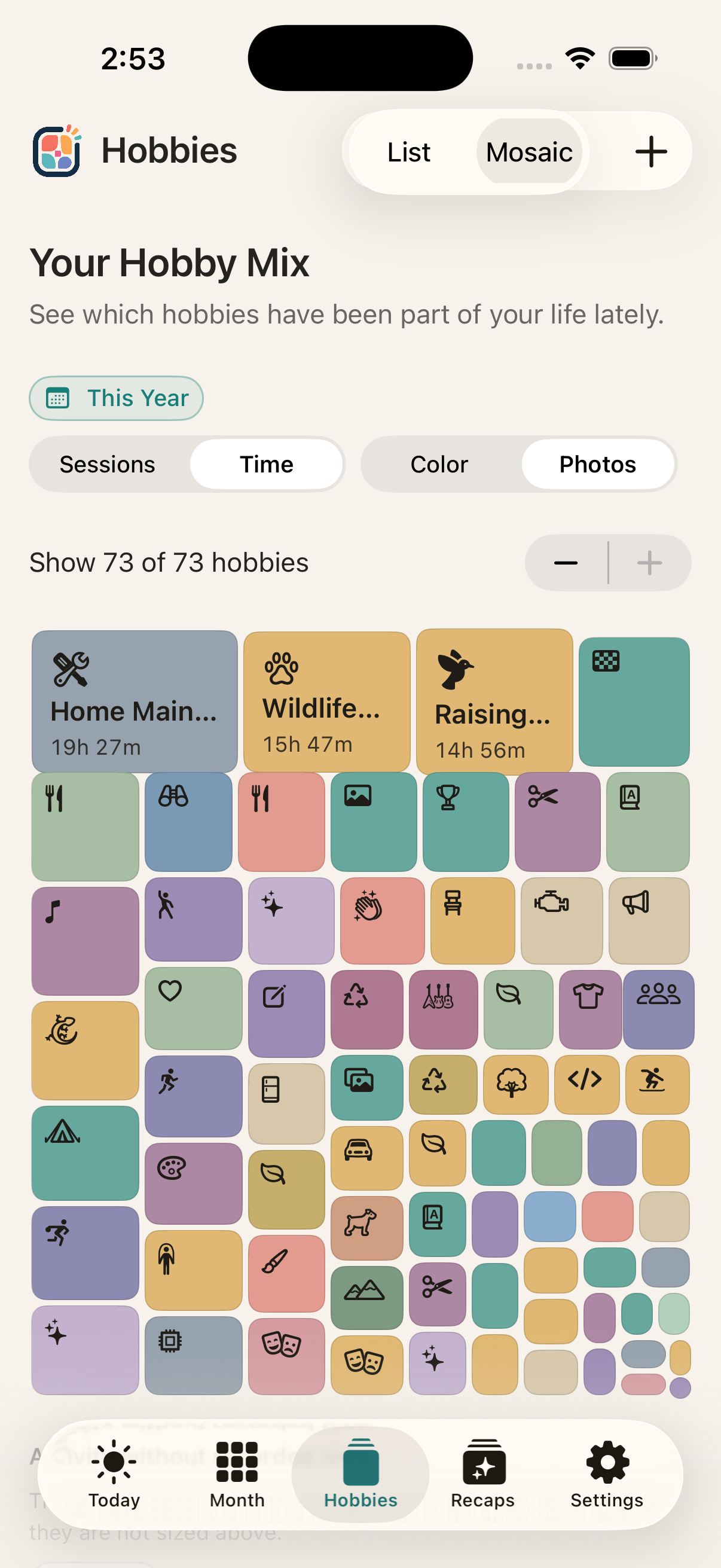Hobby Tracker Hobby Mix showing hobbies as a colorful mosaic sized by time spent.