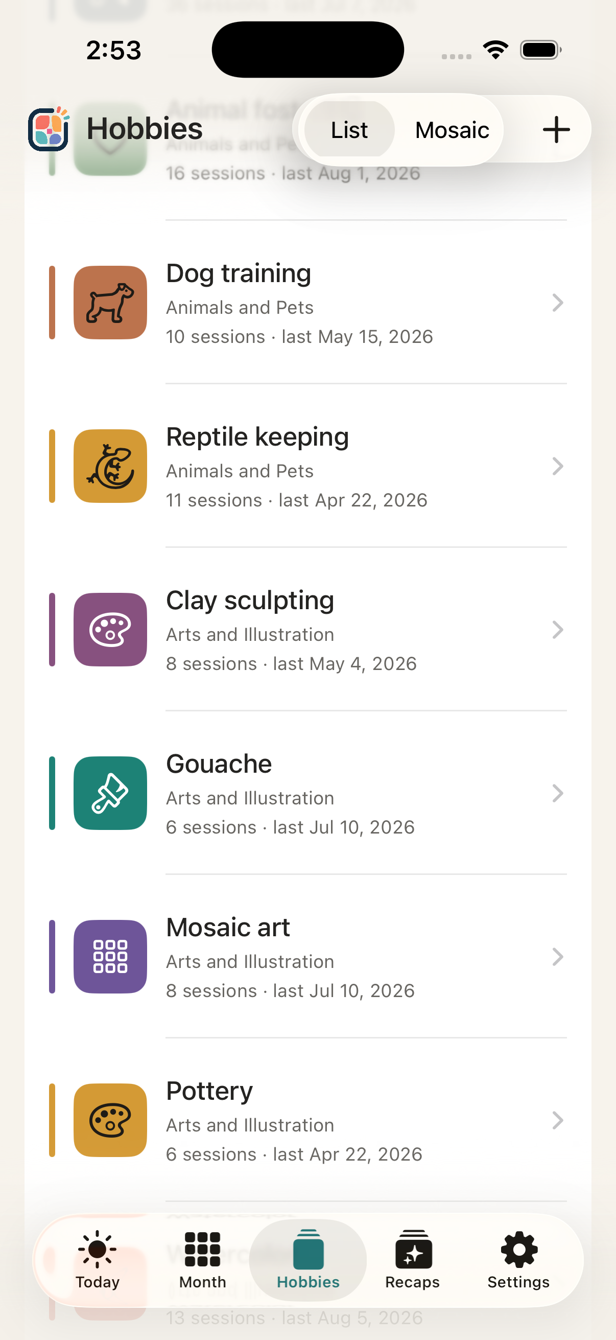 the Hobby Tracker hobby library showing personalized hobbies with colors, symbols, and recent activity.