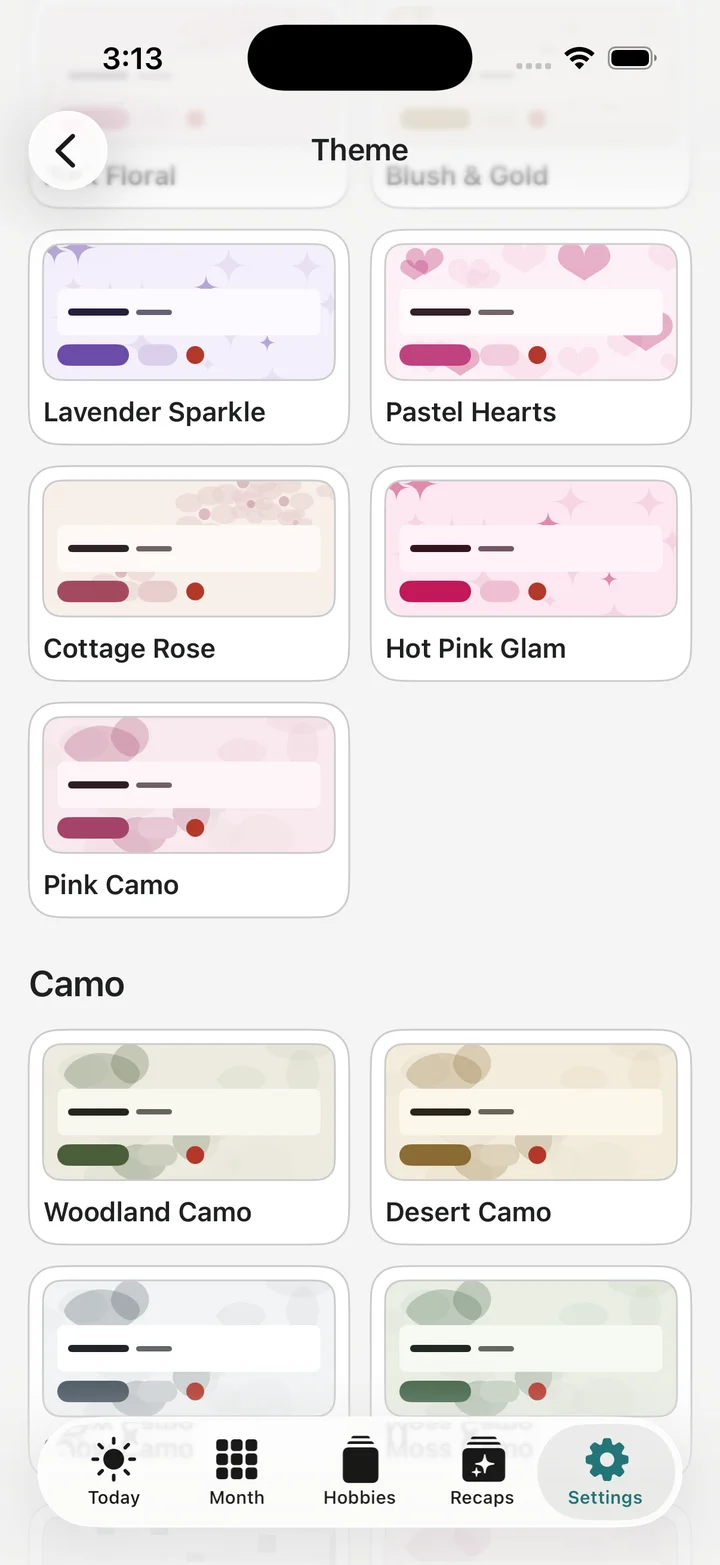 Hobby Tracker appearance selector showing colorful and camouflage themes.